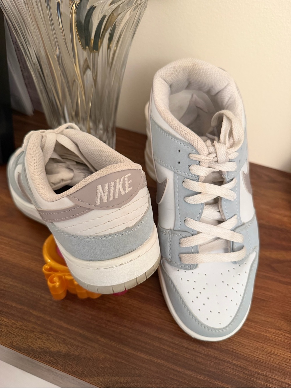 Nike women’s Low dunk Sneakers in Light Blue, White, and Taupe